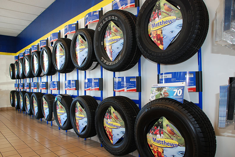 Matthews Tire In Store Wall Display of Tires For Sale