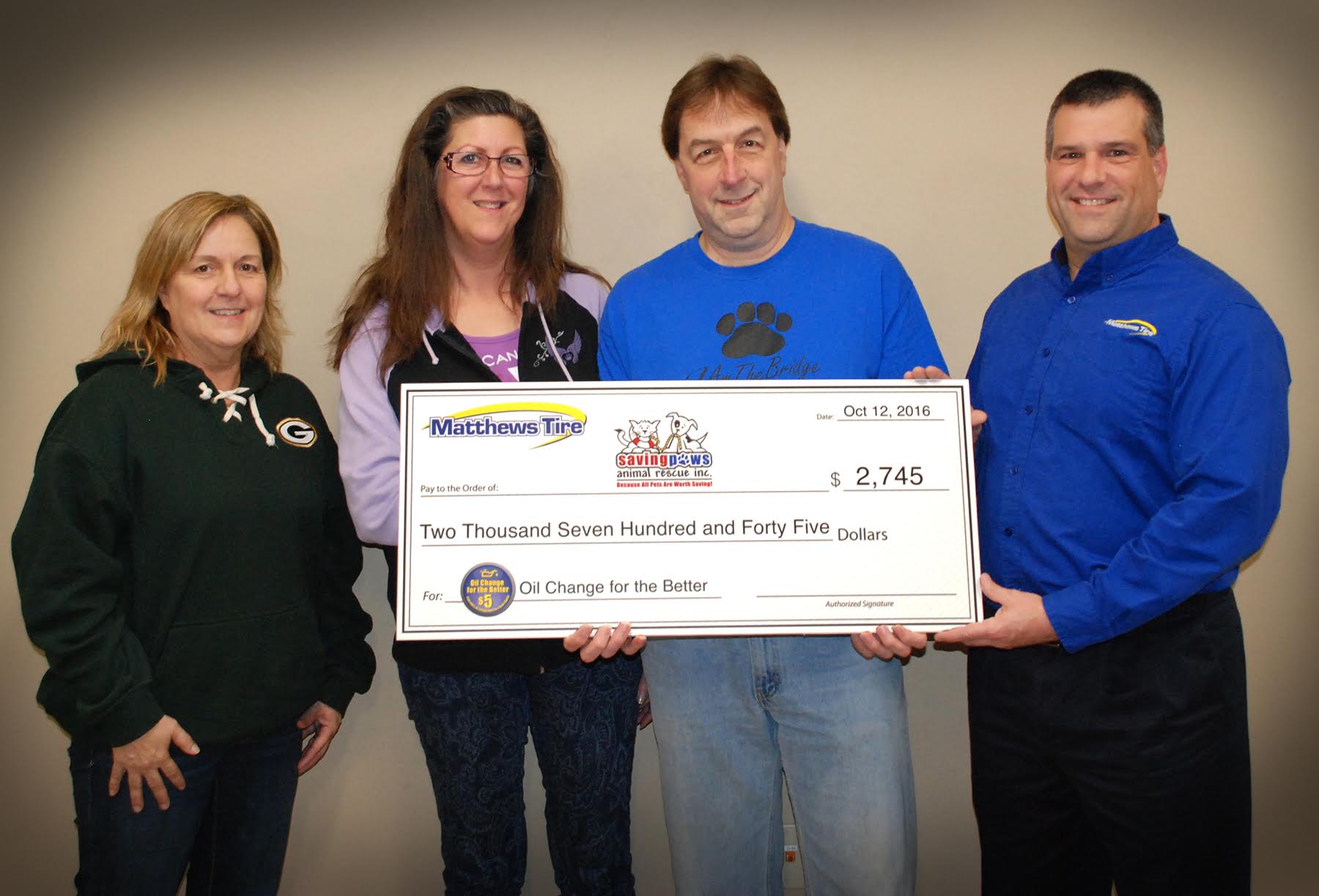 Matthew Tire donates to Saving Paws Animal Rescue