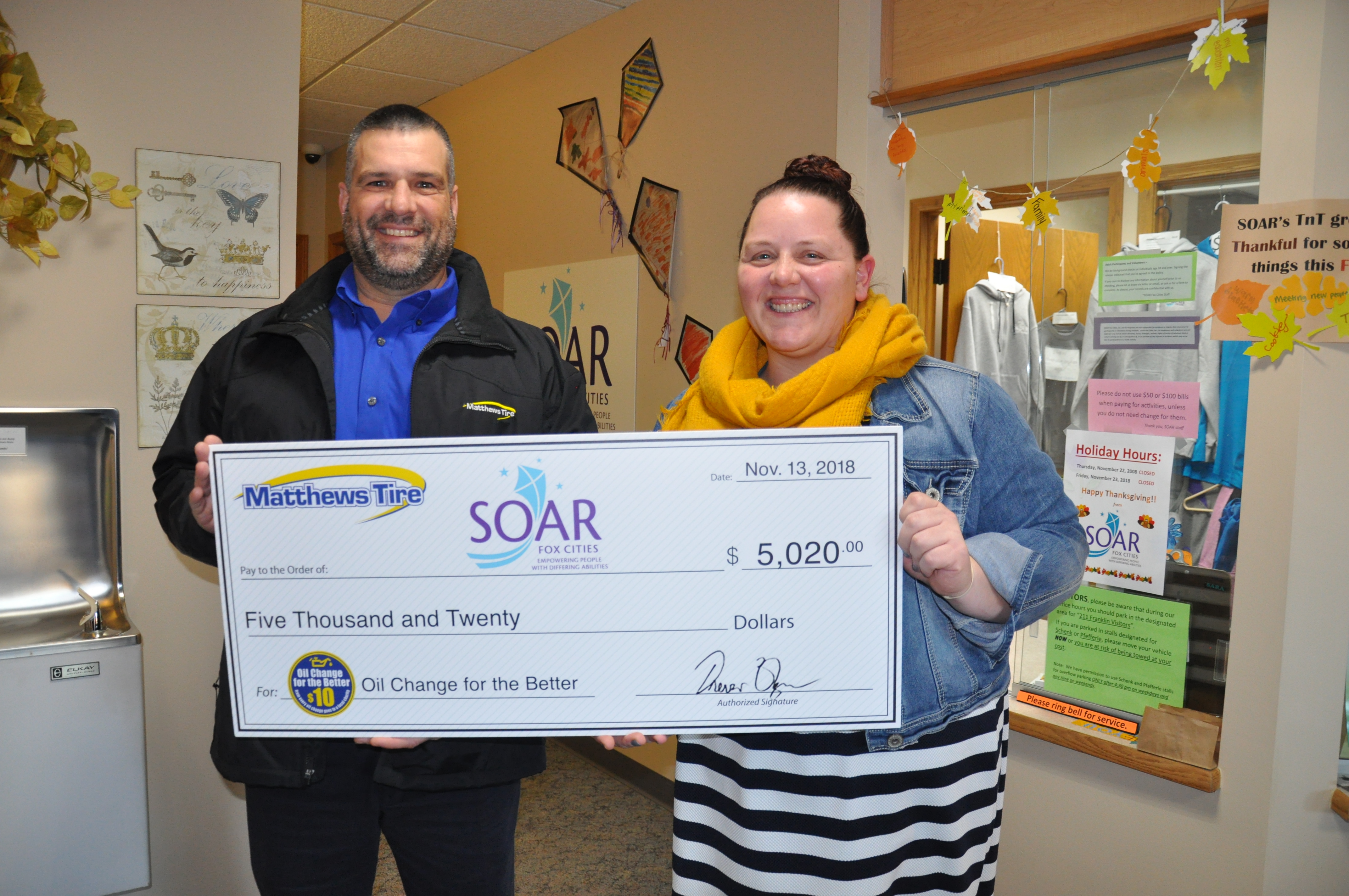 Matthews Tire Presents $5,020 Donation to SOAR Fox Cities