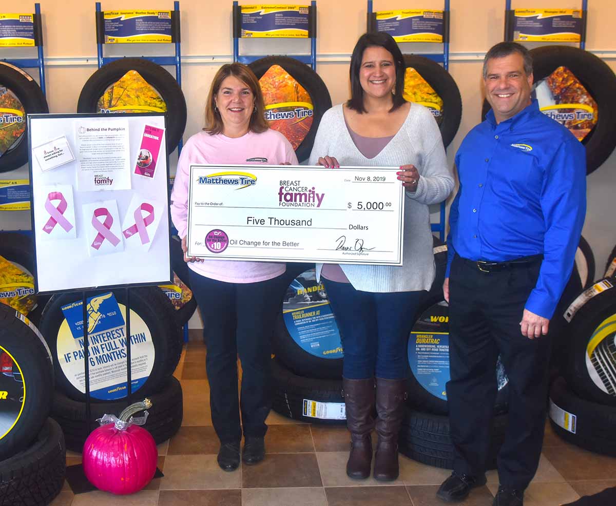 Matthews Tire president Trevor Reznor presenting donation check to the Breast Cancer Family Foundation