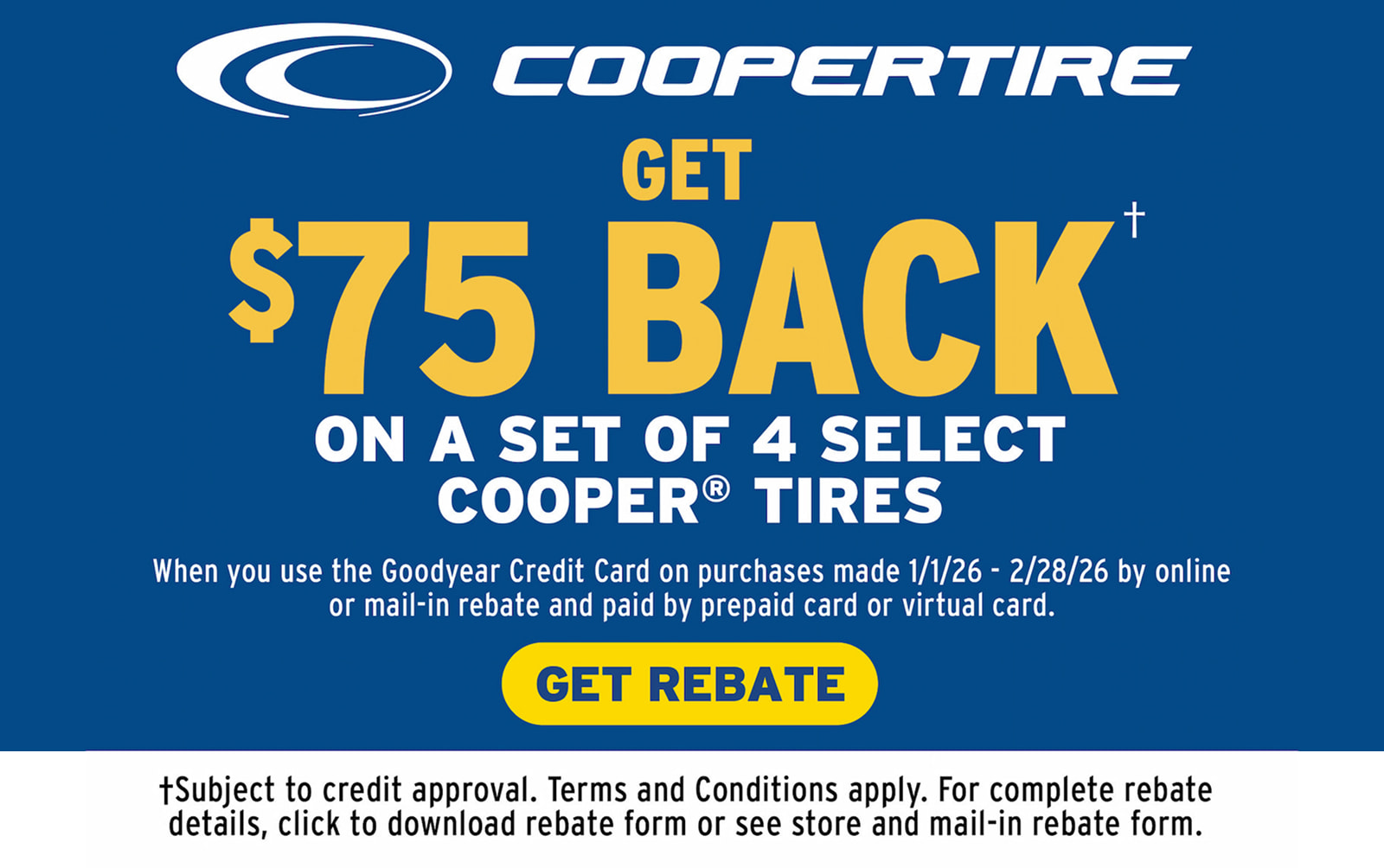 Get $75 back on set of 4 select Cooper Tires
