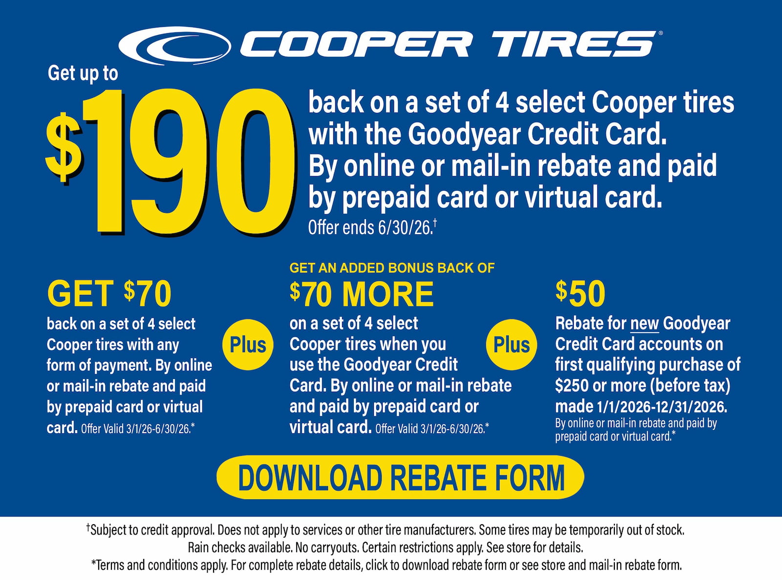 Get $190 back on set of 4 select Cooper Tires