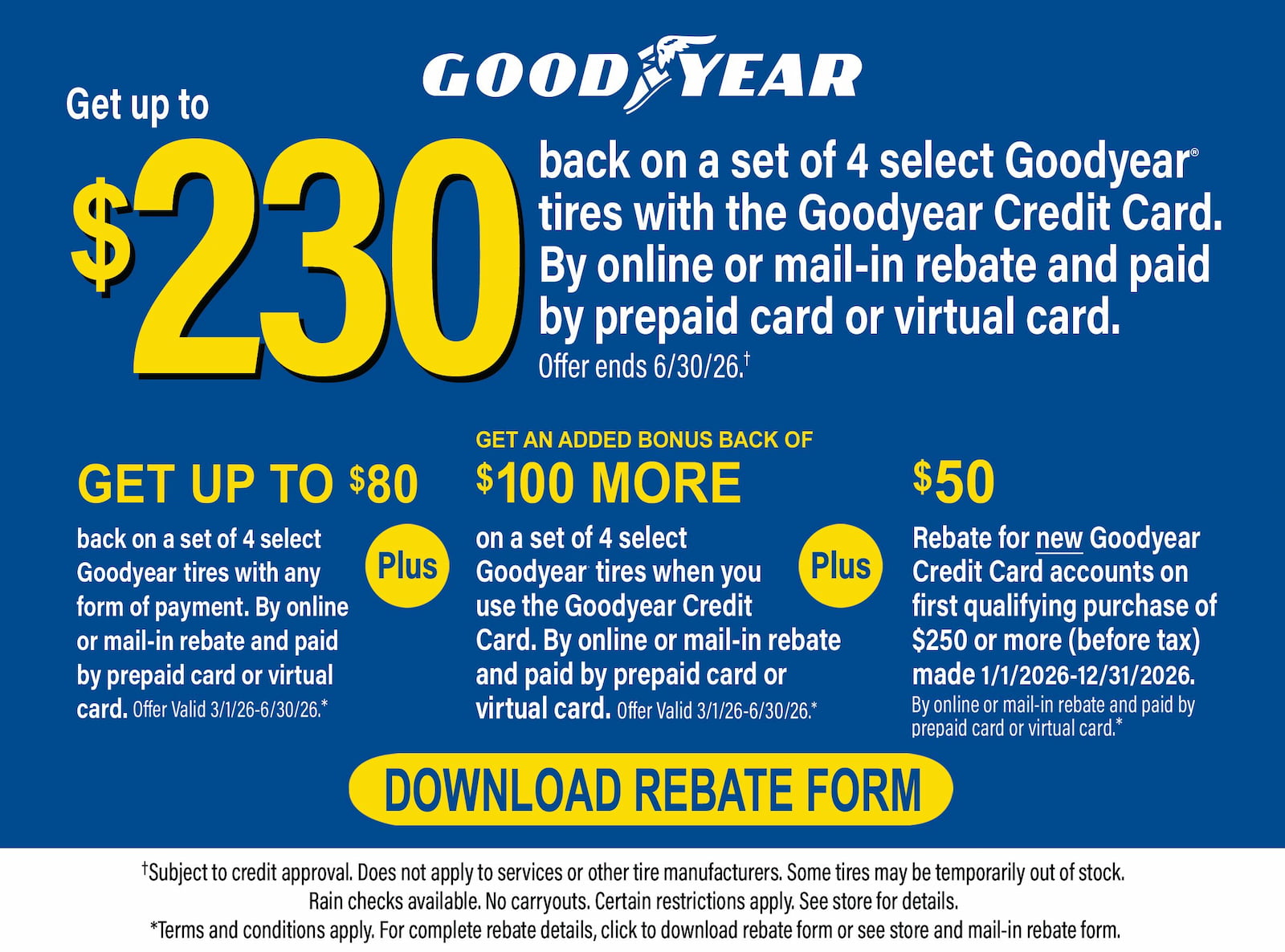 Get $230 back on set of 4 select Goodyear Tires