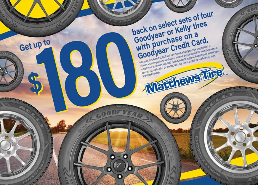 Get up to $180 back on select sets of four Goodyear or Kelly tires with purchase on a Goodyear credit card.