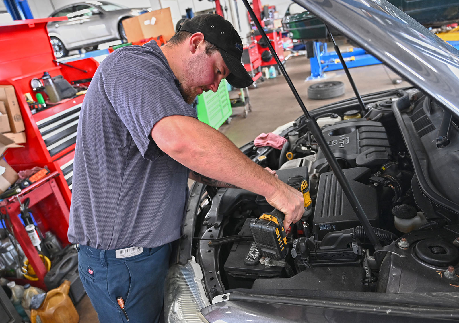 Brake rotor and brake pads on vehicle while in for a brake repair service