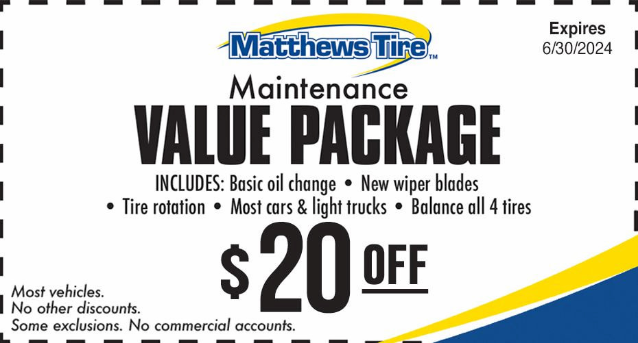 Matthews Tire value package coupon, get $20 off